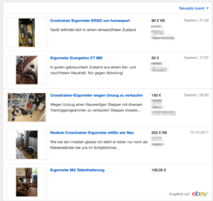 Screenshot der gebrauchten Ergometer bei Ebay